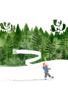 watercolor painting of a bundled-up child triumphantly walking through snow carrying an icicle like a flag, with a long, negative space scarf against a row of trees