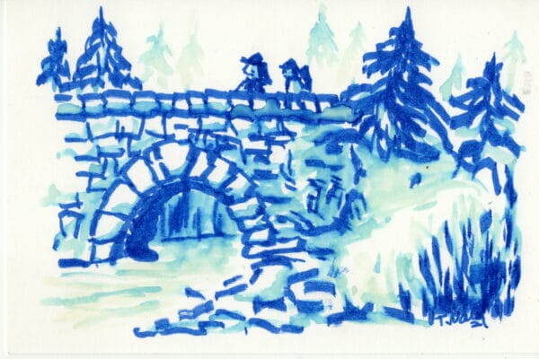 blue ink wash of two brothers on a stone arch bridge