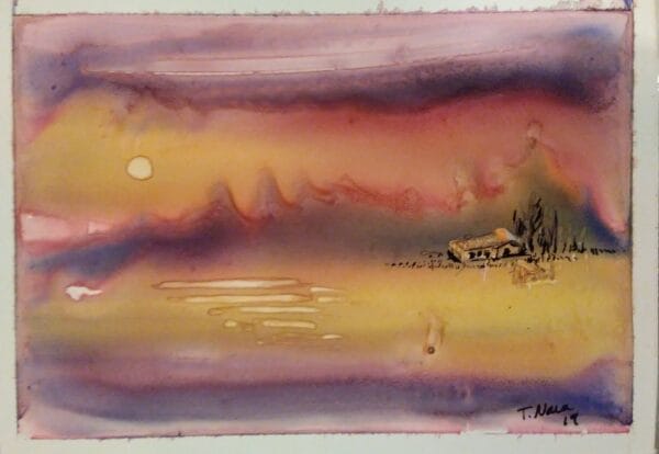 Abstract painting of cabin at sunrise