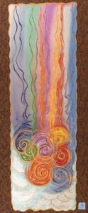 hand painted church textile altar parament / banner with rainbow colored stripes, golden swirls, and genuine golden mica flakes