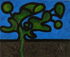 abstract landscape acrylic painting of green trees, brown dirt, and blue sky