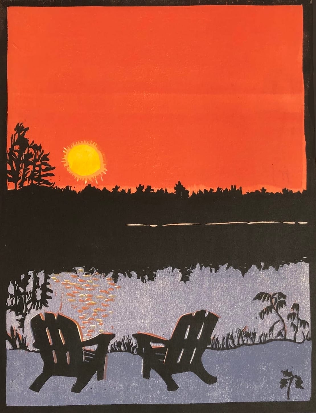 Good Day at the Lake” Original Woodcut Print - NEMAA