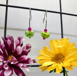 Lime with turquoise dotty silver hook earrings