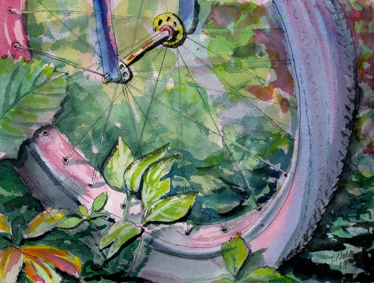 painting of bike tire and plants