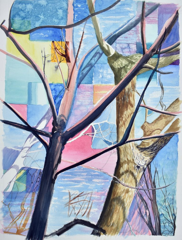 painting of trees and grid background