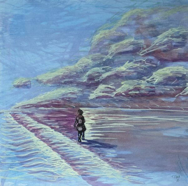 Painting of a person walking on a beach