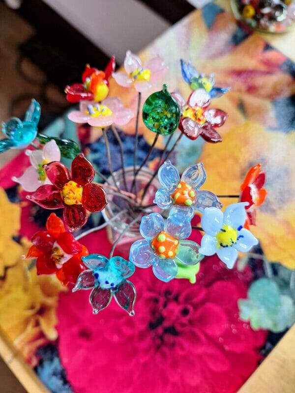 Red, orange, blue, pink and cranberry bouquet