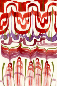 Abstract watercolor painting of colorful flowing lines, in reds and purples.
