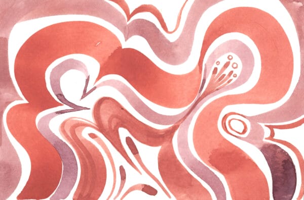 4" X 6" Abstract watercolor painting of colorful flowing lines, in soft reds and purples.