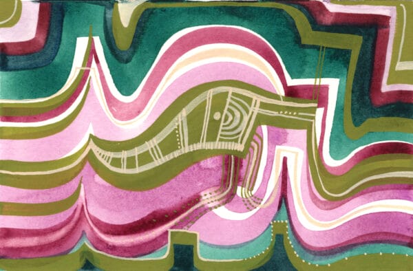 4" X 6" Abstract watercolor painting of colorful flowing lines, in greens and pinks.