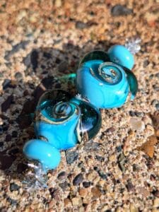 sky blue teal silvered ivory heart glass bead set