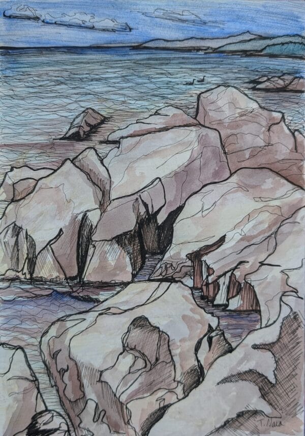 drawing of Lake Superior rocks with watercolor