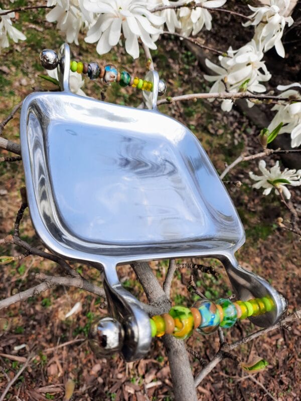 Swirly greens with gold flecks silver tray