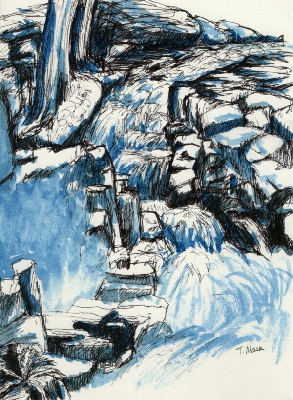 ink drawing of waterfall