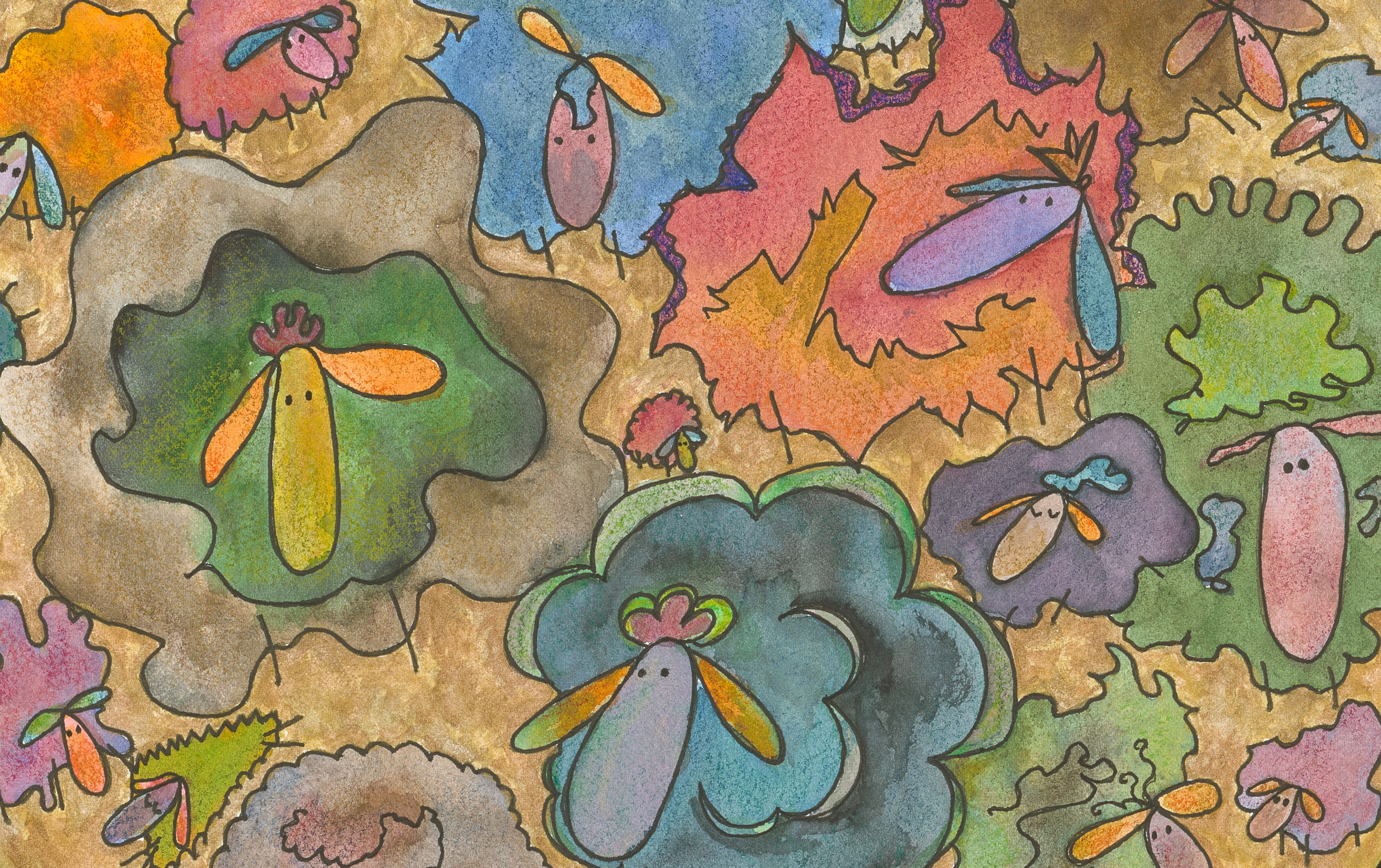 a black line and color illustration of comical sheep with rainbow-hued fleeces