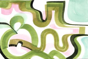 4" X6" Abstract watercolor painting of colorful flowing lines, in greens.