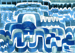 5" X 7" Abstract watercolor painting of colorful flowing lines, in blues.