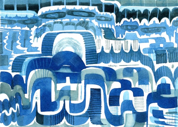 5" X 7" Abstract watercolor painting of colorful flowing lines, in blues.